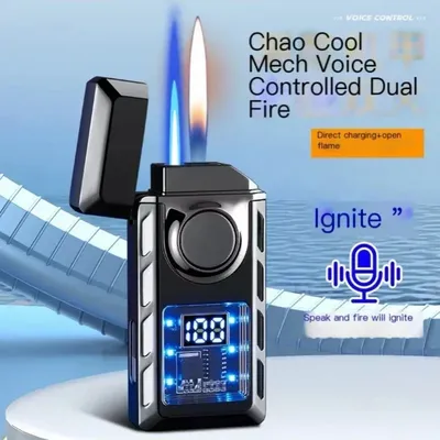 2025 Sound Control Zündung Dual Fire Gas Feuerzeug Kreatives Licht Batterieanzeige Offener Flammenschalter Jet Fire USB Elektrisches Feuerzeug