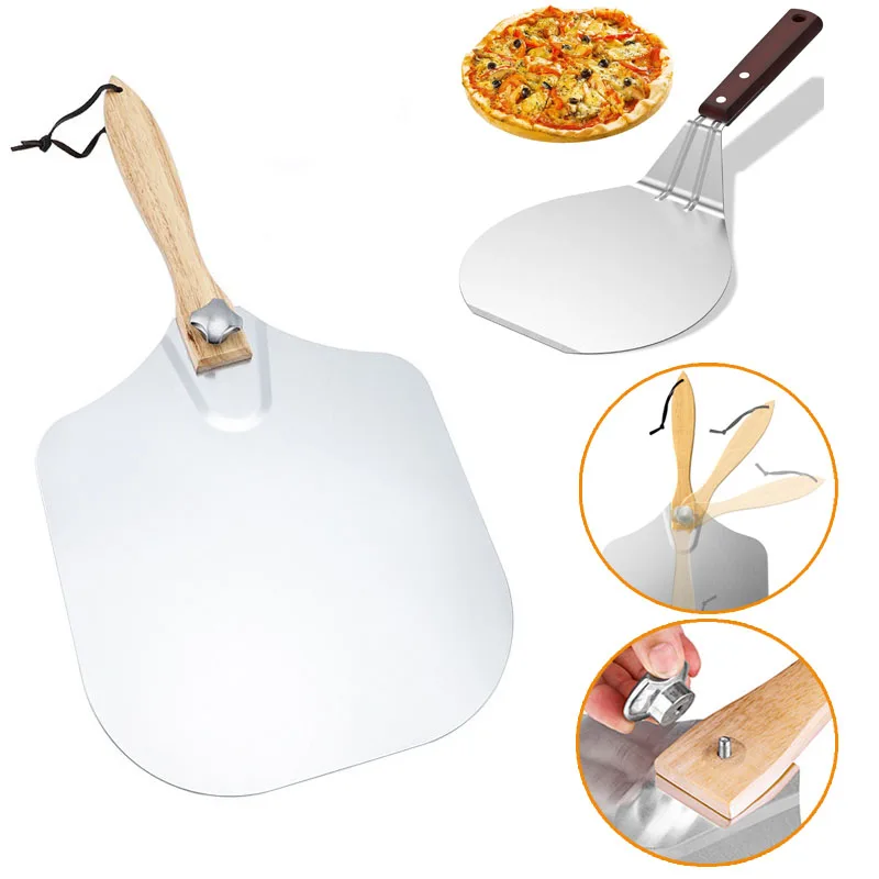 Pizzaschaufel aus Aluminium und Metall, Spatel mit faltbarem Holzgriff, antihaftbeschichtet, für den Ofen, Kuchenheber, Transfertablett, Backen, hausgemachtes Brot Image
