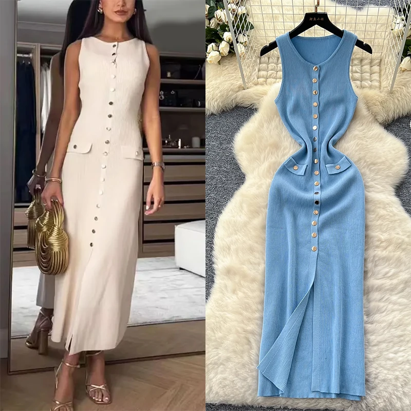 2023 neue Frauen Chic Mode Mit Goldenen Knöpfen Gestrickte Midi Kleid O Neck Ärmellose Weibliche Kleider Vestidos Mujer Image