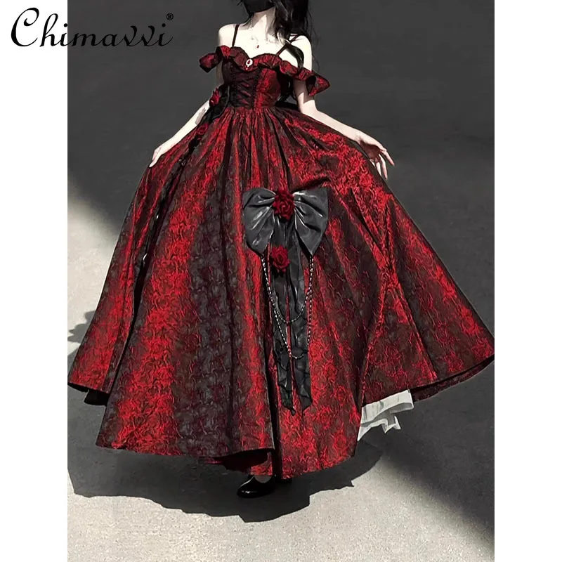 Schwarz und Rot Lolita Blume Hochzeit Wunderschönes Geburtstagskleid Lolita Elegante Prinzessin Hohe Taille Elegantes Party Langes Kleid Damen
