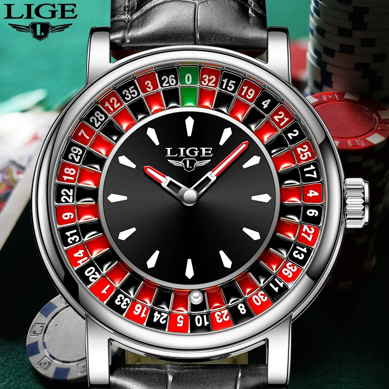 Lige Neue Herrenuhren Besondere wasserdichte leuchtende Quarz-Armbanduhr Zifferblatt Las Vegas Roulette Tisch Schreibtisch Thema Herrenuhr Reloj Image