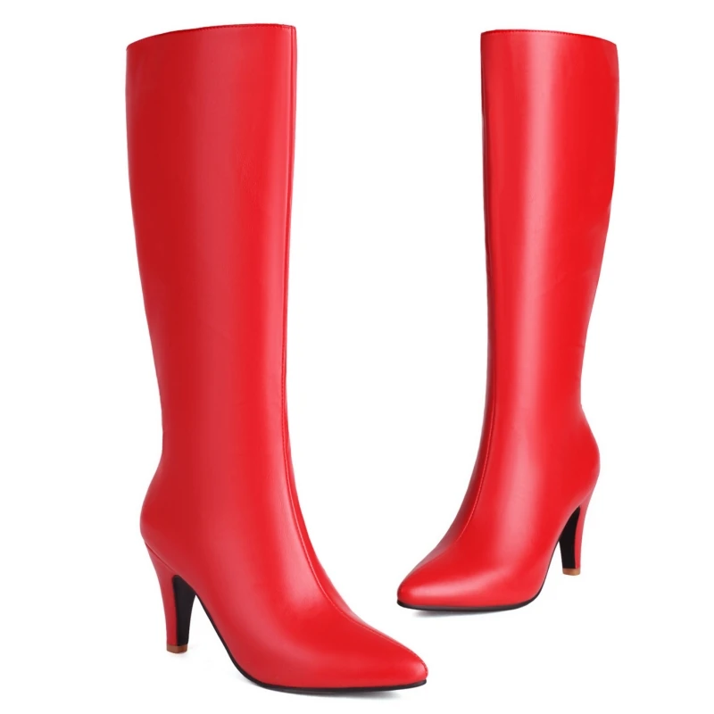 Elegante rote Damen-Kniehohe Stiefel, braun, schwarz, langer Stiefel mit Absatz, weiblich, große Größe 48, Herbst-Winter-Party-Schuhe, Damenschuhe