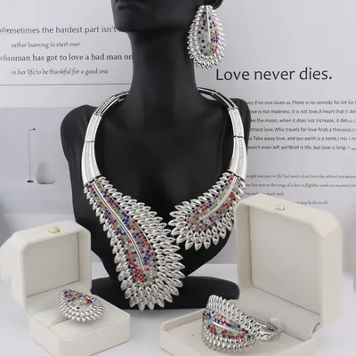 Fashion Crystal Jewelry Set Rhinestone Clear Necklace Earrings Ring Bracelet for Dubai Women Nigerian Indian Bridal Party Gifts