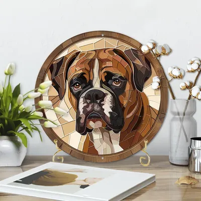 Charming Boxer Dog Stained Glass-Style Aluminum Sign - Scratch & Flame Resistant, Easy to Hang, 8x8