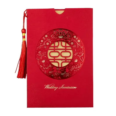 Red Chinese Double Happiness Laser Cutting Invitation Cards, Ribbon Spike, Customized Inner,50 Pcs