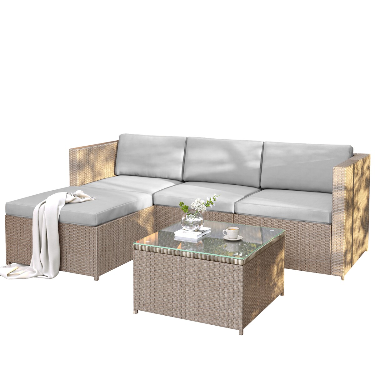 Merax Polyrattan Lounge-Sofagarnitur, Lounge-Gartenmöbel, Ecksofa, Couchgarnitur mit Sitz- und Rückenkissen, Lounge-Tisch mit Glasplatte, Khaki Image
