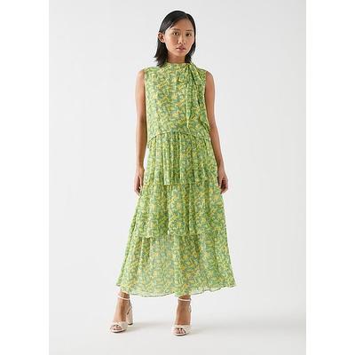 Kristin Petite Italian Straw Multi Viscose Blossom Print Tiered Georgette Dress, Yellow