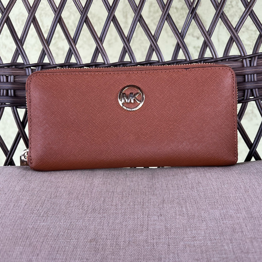 Michael Kors Bags | Women’s Mk Cognac Leather Wallet! | Color: Gold/Red | Size: Os