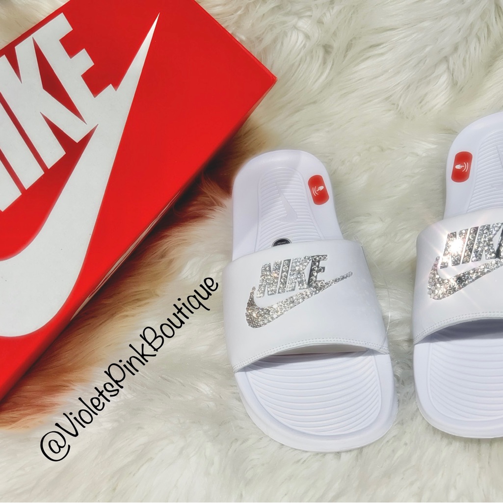 Nike Shoes | Womens Custom Slides Swarovski Crystal Nike White Slides | Color: White | Size: Various