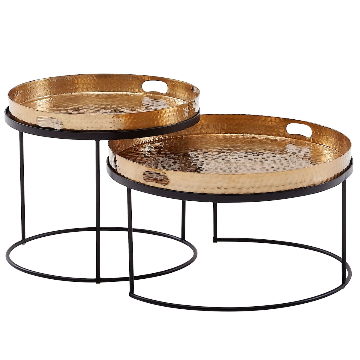 KADIMA DESIGN Couchtisch 2er Set Gold / Schwarz Metall Hammerschlag Satztisch Rund, Sofatisch abnehmbares Tablett, Tabletttisch Sofa 2 teilig Modern, Runder Image