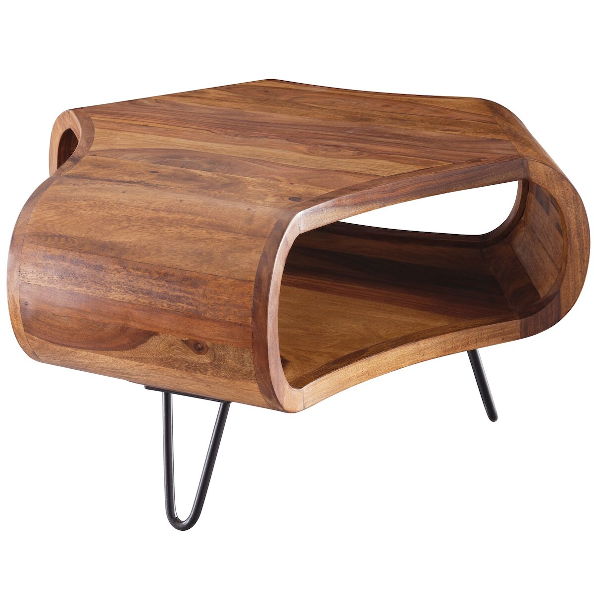 KADIMA DESIGN Couchtisch WL5.603 Sheesham massiv Holz 55 x 55 x 38 cm Ablage & Metallgestell, Retro Wohnzimmertisch Massivholz braun, Sofatisch modern Holztisch, Image