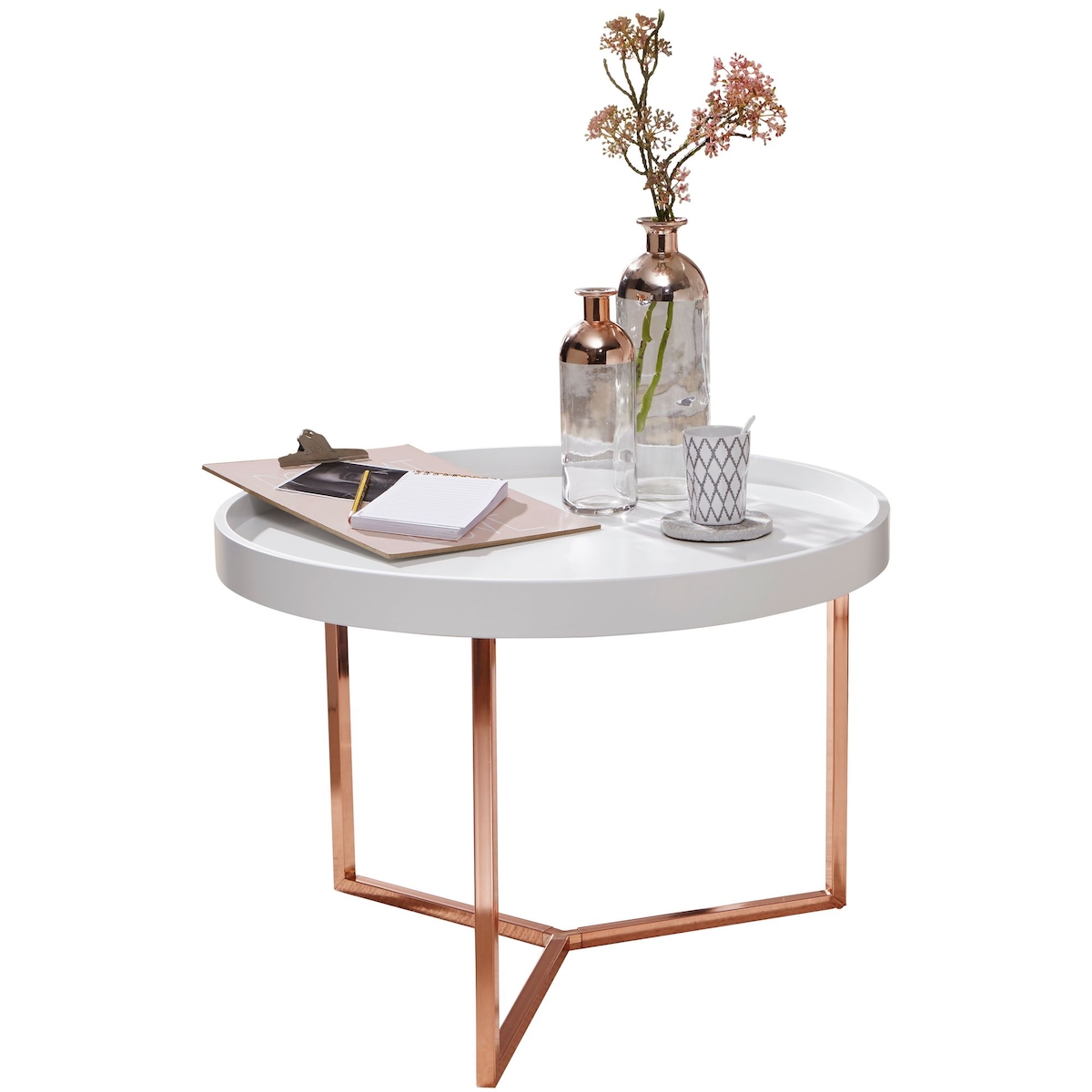 KADIMA DESIGN Couchtisch JESI 58,5x42x58,5cm Weiß / Kupfer Sofatisch Metall Rund, Designer Retro Wohnzimmertisch modern, Kleiner Loungetisch mit Metallgestell, Image