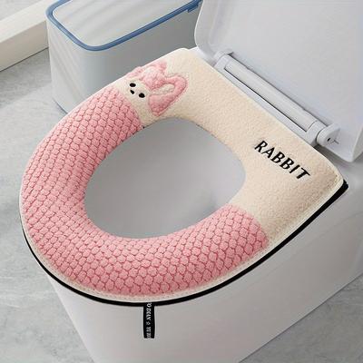 TEMU Plush Rabbit Design Toilet Seat Cover - , Soft Polyester, Fit, Blue & Knitted Pattern, Comfortable Bathroom Accessory Image