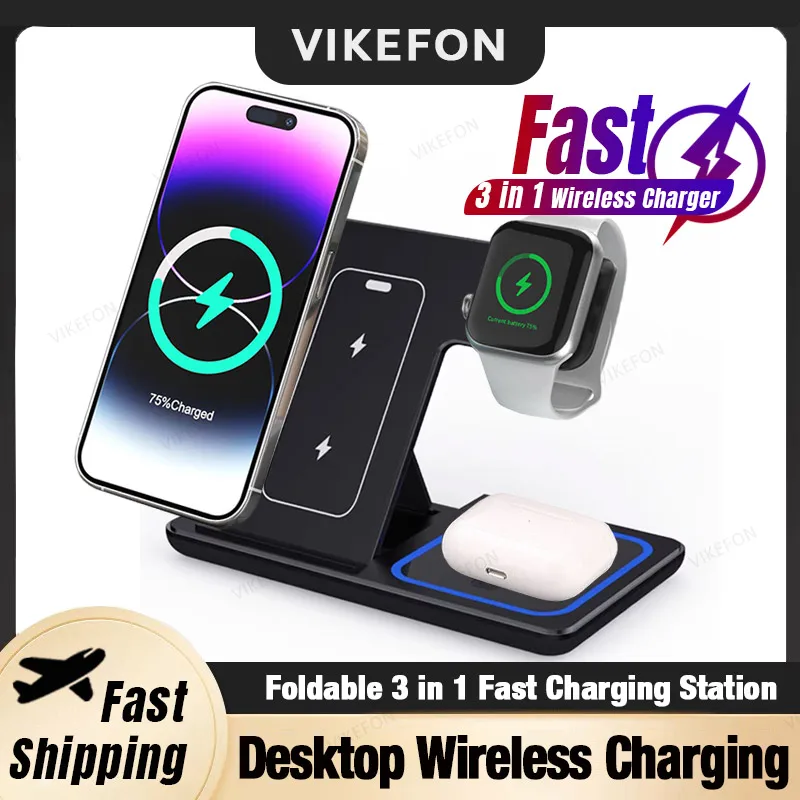 Desktop 3-in-1 kabelloses Ladegerät, faltbar, schnelle Telefon-Ladestation für iPhone 16 15 14 13 12, Apple Watch 10/9/8/7/6 AirPods 3/2 Image