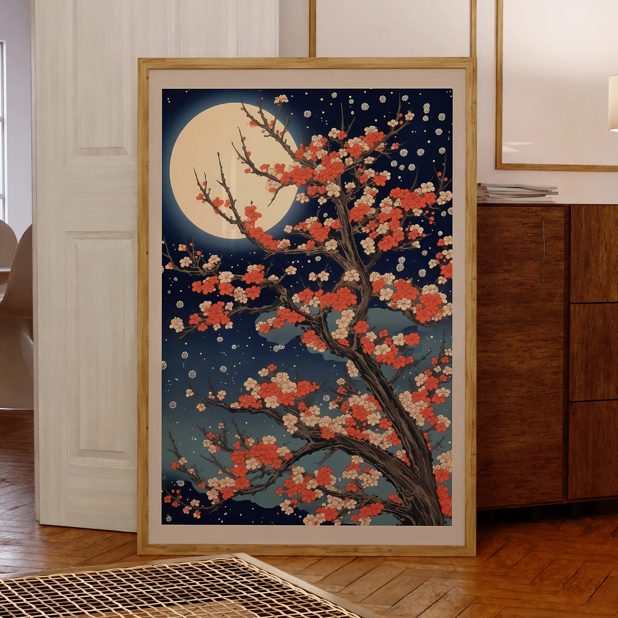 Moderne Im Mondlicht Sakura Baum Wand Kunst Aluminium Rahmen Drucke Leinwand Malerei Poster Bild Für Wohnzimmer Wohnkultur