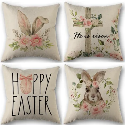 4pc glücklich Ostern Dekorationen für zu Hause Kissen bezug Linie Kaninchen Ohr rosa Blume Kissen bezug Sofa Kissen bezug 45x45cm Image