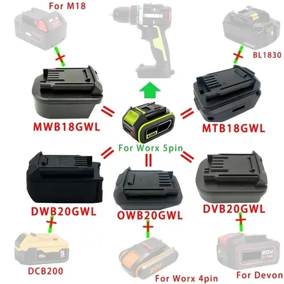 MTB18GWL DWB20GWL MWB18GWL DVB20GWL Adapter For Makita For DeWalt For Milwaukee For Devon Li-ion Battery For Worx 20V Green Tool