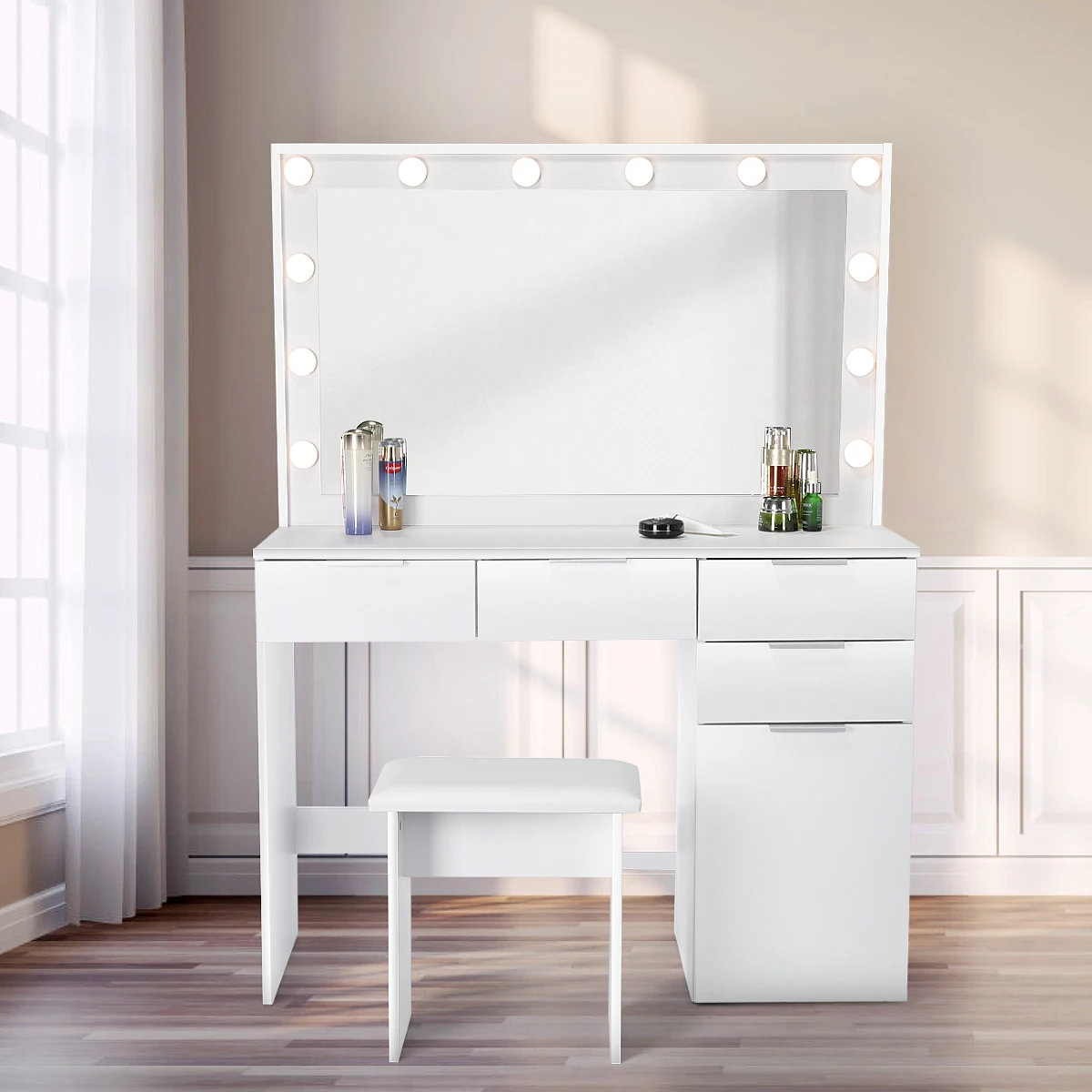 Schminktisch mit LED Beleuchtung und Hocker Frisiertisch mit Großer Spiegel,5 Schubladen und Geschlossener Stauraum Modern Schlafzimmer Make up Schreibtisch Weiß Image