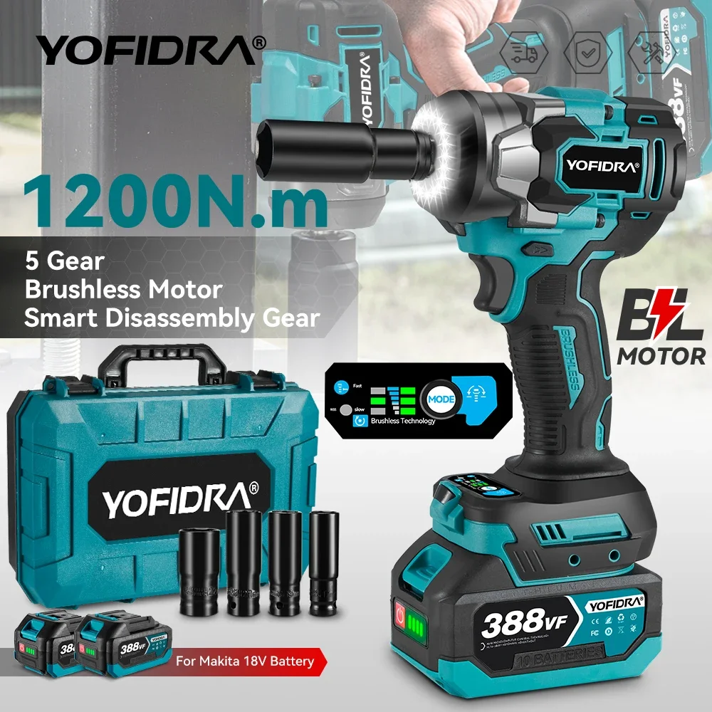YOFIDRA 5 Gänge 1200 N.M Drehmoment Bürstenlosen Elektrische Schlüssel Akku Auto Schraubendreher Haushalt Power Tools Für Makita Batterie Pin Image