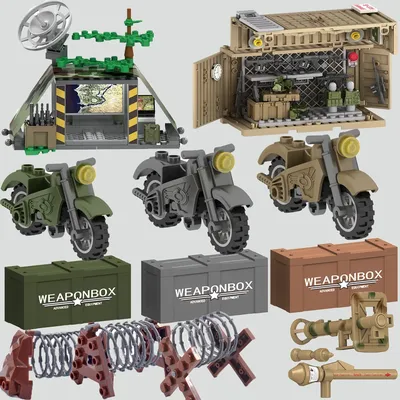 MOC WW2 Militär Krieg Waffe Soldat Zubehör Bausteine Straßensperre Motorrad Waffenkoffer Behälter Waffentasche Ziegel Spielzeug Image