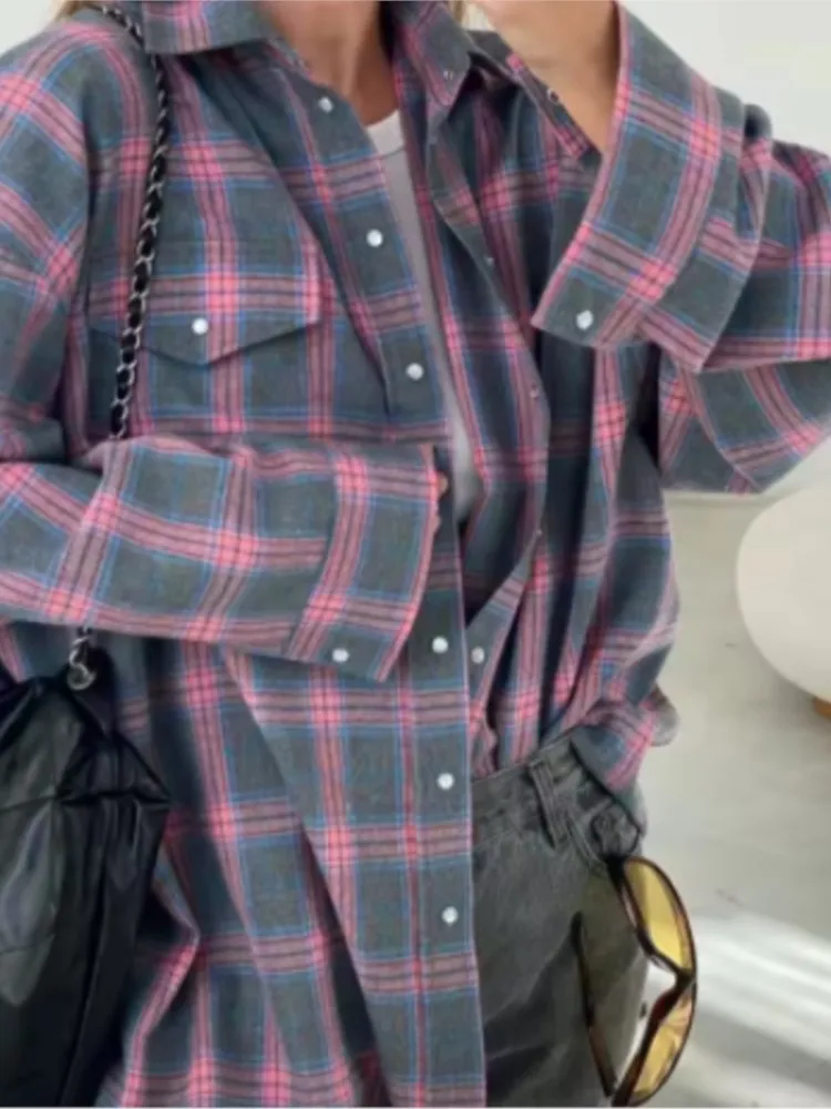 Vintage Gitter Druck Shirts Für Frauen Langarm Revers Lose Kariertes Hemd Mode Alle-spiel Dame Bluse Vintage Tops streetwear