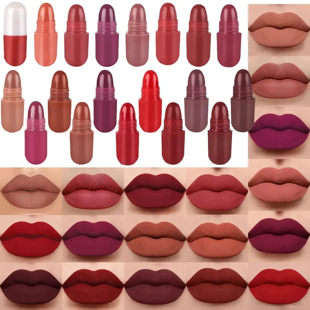 18Pcs Mini Pills Lipstick Capsule Set for Women Waterproof Long Lasting Deep Red Matte Small Magic Permanent Lipstick Image