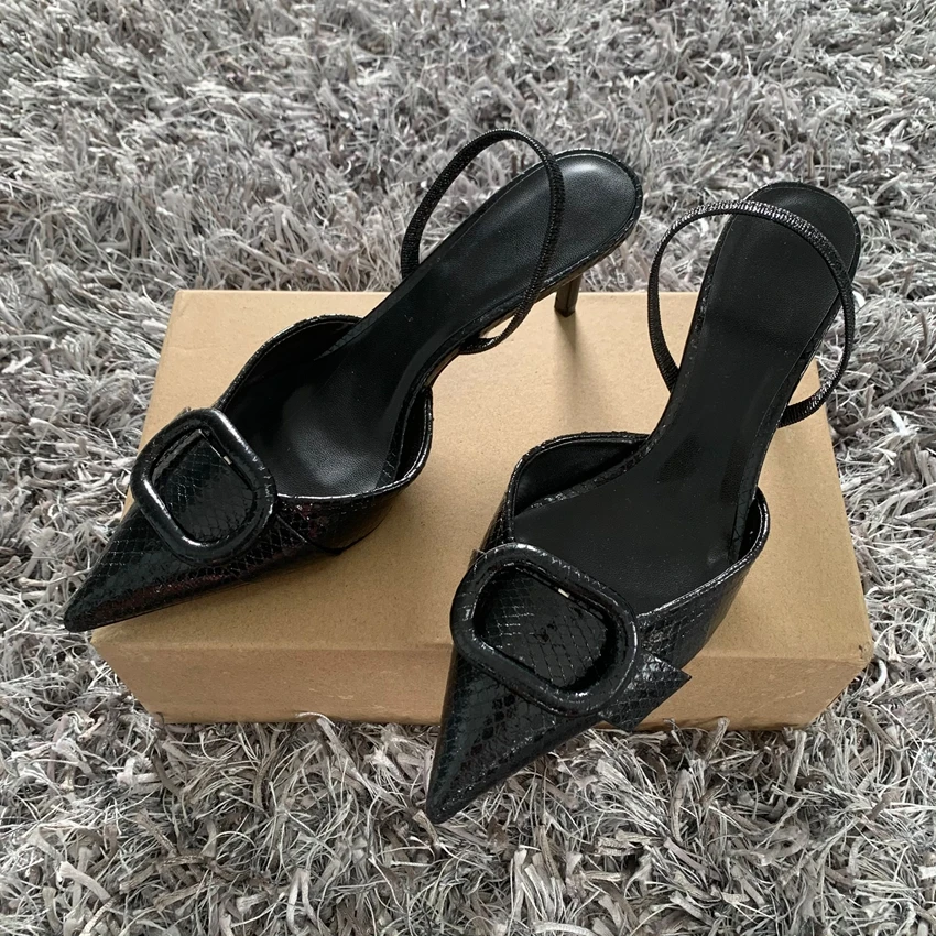 Elegant Black Shoes for Women Fashion Buckle Design 2025 Summer High Heeled Slingback Stiletto Pointed Toe Female Office Sandal