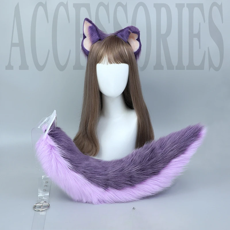 Neue lila Wolf Anime Katzenohren und Schwanz Plüsch Tier Fuchs Ohr Simulation Stirnband Halloween Cosplay handgemachte Lolita Zubehör Image