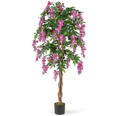 Costway 5.5 FT Faux Wisteria Plant in Nursery Pot with Blooming Flowers-Rose Red