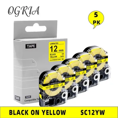 OGRIA 5 PK SC12YW LC4YBW9 LC-4YBW Compatible For Epson/KingJim LW-300 LW-400 12MM Black on Yellow