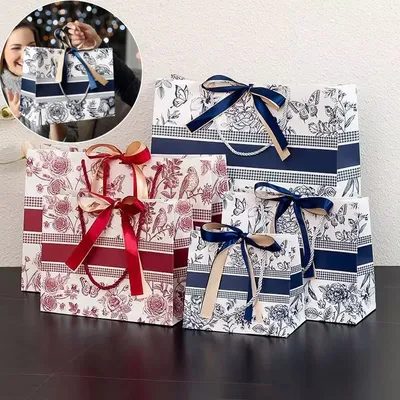 Gift Bags New Floral Gift Bags INS Fashion Tote Bag with Ribbon Packaging Bag Clothing Paper Shopping Bags Candy Bags
