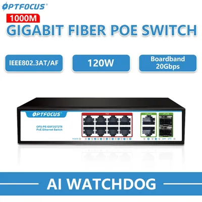 OPTFOCUS 120W 8 gigait poe+2 RJ45+2 SFP Gigabit fiber Durable PoE+ SFP Fibra 8 portas Ativo Passivo