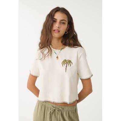Stradivarius Cropped T-shirt with embroidered palm tree Ecru XL