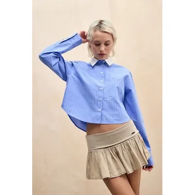 BDG Stripe Crop Shirt - Blue M at Urban Outfitters