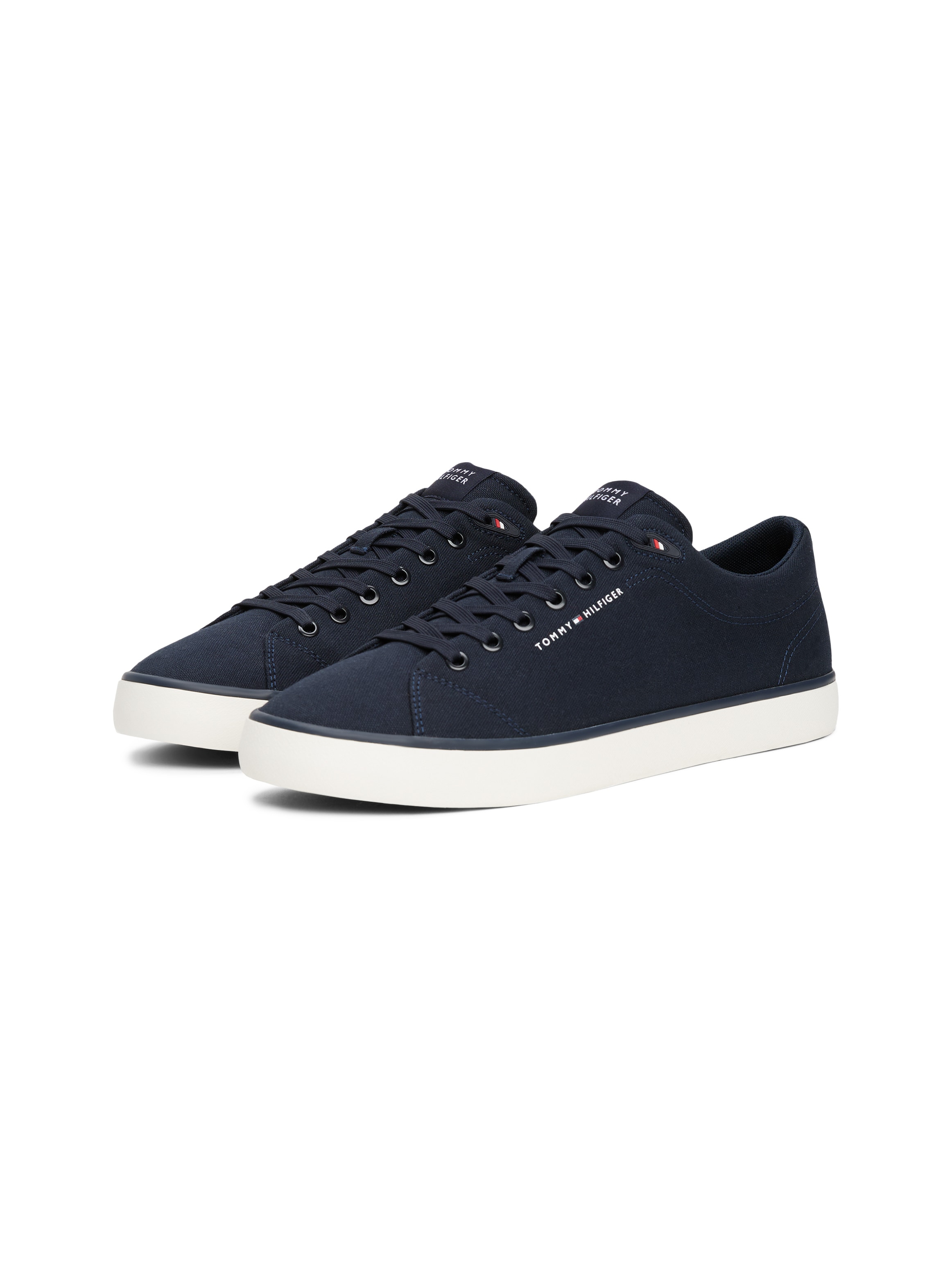 Sneaker TOMMY HILFIGER "TH HI VULC LOW CORE CANVAS", Herren, Gr. 45, blau (dunkelblau), Textil, Schuhe Sneaker, Freizeitschuh, Halbschuh, Schnürer mit weich gepolstertem Schaftrand