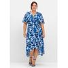 Abendkleid SHEEGO "Große Größen", Damen, Gr. 40, Normalgrößen, blau (kobalt gemustert), Obermaterial: 100% Polyester;Futter: 100% Polyester, gemustert, elegant, figurumspielend lang, V-Ausschnitt, Kurzarm, Kleider, aus Chiffon, in Wickeloptik