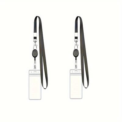 TEMU 2pcs Black Lanyard With Retractable Badge Reel And Id Badge Vertical Card Set, Suitable For Teachers And Office Workers Image