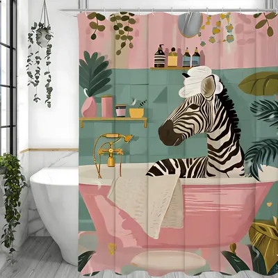 Bathroom Zebra Shower Curtain, Floral Plants, Pink Walls and Bathtub Green Tile Bathroom Decorative Shower Curtain, Waterproof S