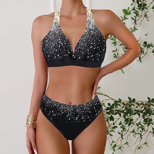 Damen Badeanzug Bikini Tankini Zweiteilig Freche Unterhose Bademode Tiefes V Push-Up Gestrickt Urlaub Tropisch Blumen Farbblock Stürzen Ärmellos Badeanzüge Image