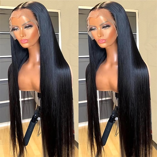 Remy Echthaar 13x4 Spitzenfront Perücke Freier Scheitel Peruanisches Haar Seidig Glatt Schwarz Perücke 150% Haardichte mit Babyhaaren Kleberfrei Vorgerupft Für Perücken für schwarze Frauen Lang Image