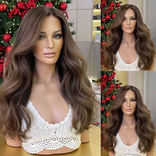 Remy Echthaar 5x5 Verschluss 13x4 Spitzenfront Perücke Freier Scheitel Brasilianisches Haar Gewellt Kastanienbraun Perücke 130% 150% Haardichte mit Babyhaaren Natürlicher Haaransatz 100% Unbehandelt Image