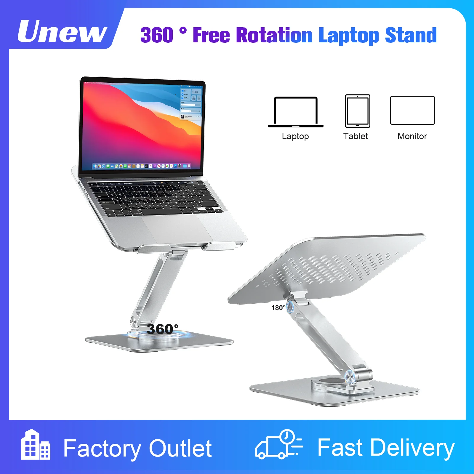 360 ° Drehbarer Ständer aus Metall und Aluminium für Laptop-Halter, verstellbare, rutschfeste Silikon-Basis, Stabilität für Tablet ﻿ Tragbarer Monitor Image