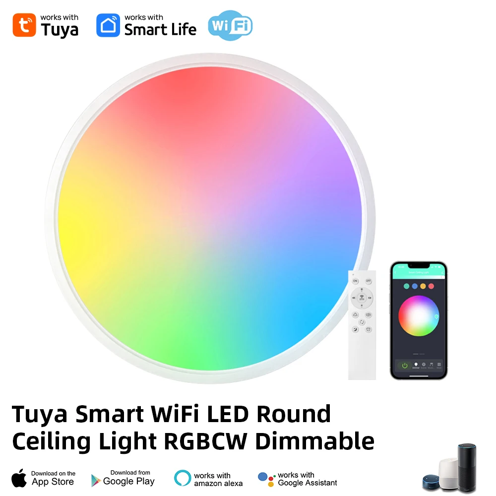 Tuya Smart WiFi RGBCW Dimmbare LED Runde Deckenleuchte Kompatibles Raumumgebungslicht Funktioniert mit Alexa, Google Home, Alice Image