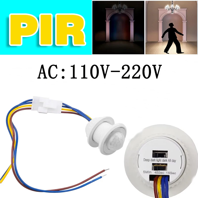 PIR-Bewegungsmelder-Schalter, automatisches Ein-/Ausschalten, einstellbare Empfindlichkeit und Timer, 110 V, 220 V DC, menschliche Erkennung, Beleuchtungssteuerung für Zuhause/Büro