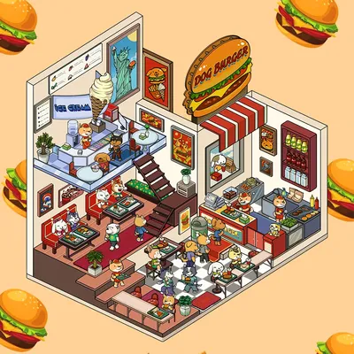 1Set DIY 3D Cartoon Welpen Burger Restaurant Miniatur Aufkleber Szene 3D Landschaftsbau Einfügen Image