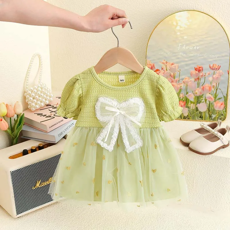 Mädchen Kinder Kleid Sommer Bogen Und Liebe Muster Stricken Blase Hülse Puffy Baby Mädchen Kleid Nette Casual Baby Kleidung mädchen Image