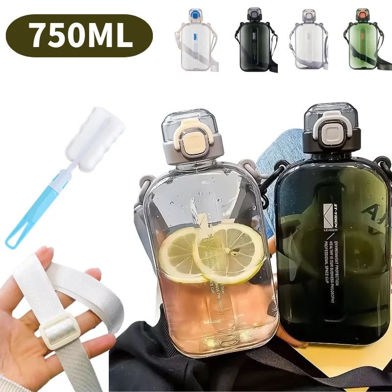 Quadratische transparente Sportwasserflasche, tragbare Reisekanteine mit verstellbarem Riemen, auslaufsichere Flasche für Sportcamping Image