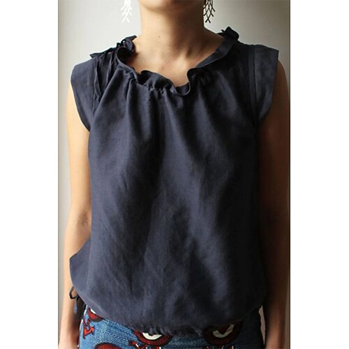 camicetta da donna in lino, semplice, basic, moderna, in cotone e lino, gilet, girocollo, normale, top, quotidiano, per le vacanze, per uscire, nero, bianco, blu navy, estate