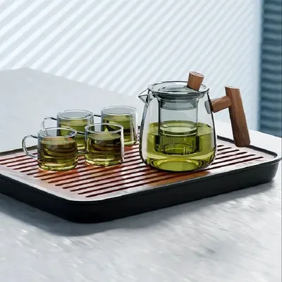 GIANXI 530ml Heat-Resistant Glass Teapot With Walnut Handle Chinese Drain/Storage Tea Tray Home