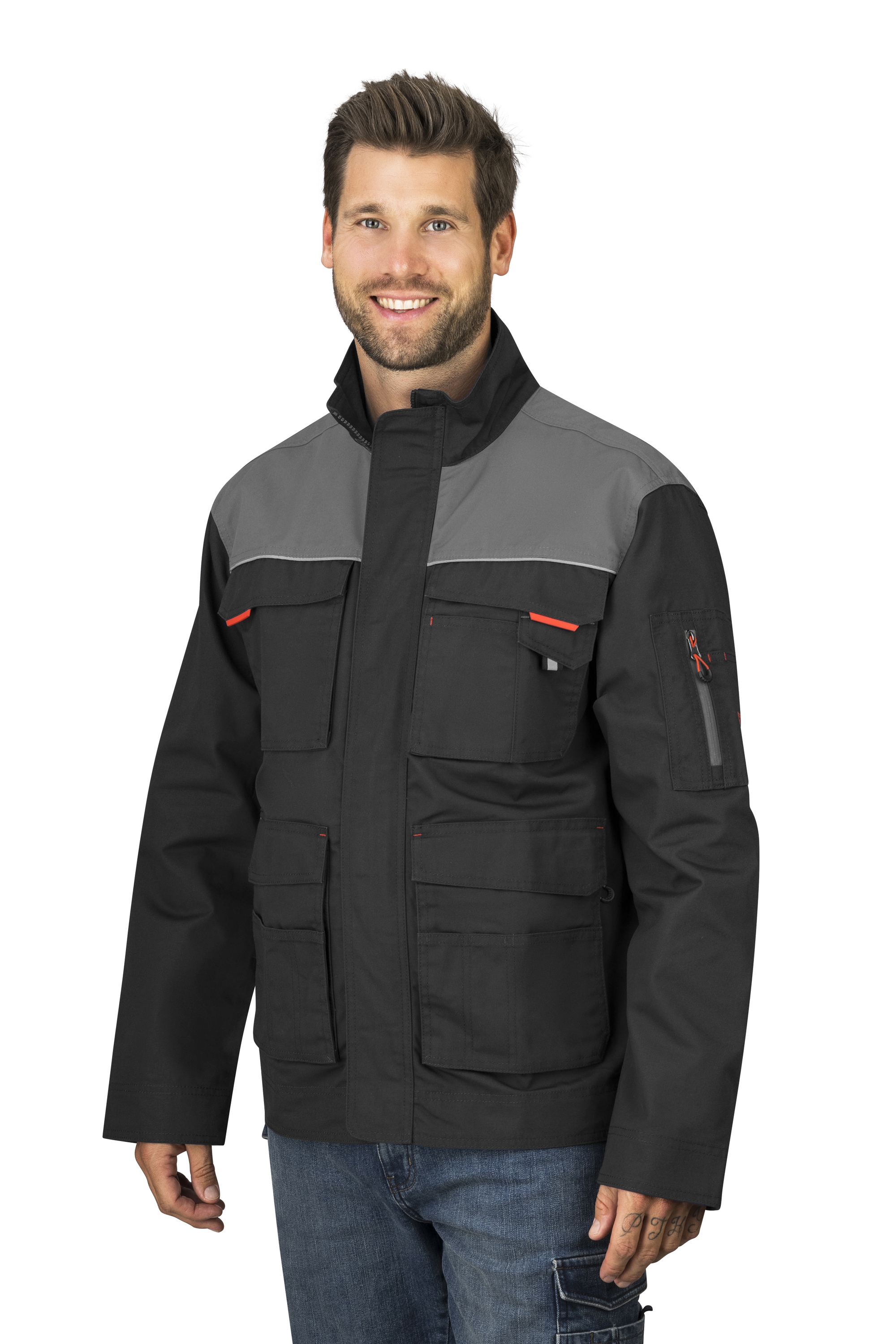 Arbeitsjacke HERO BY JOHN MEDOOX "JUSTIN Utility Jacket Workwear Arbeitsjacke", Herren, Gr. 3XL, grau (anthra, schwarz), angeraute Sweatware, 65% Polyester, 35% Baumwolle, regular fit, Jacken, Arbeitsjacke Funktionsqualitätfür Herren